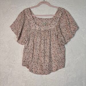 Lucky Brand Womens S Top Blouse Flutter Sleeves Flowy Pink White Floral‎ EUC